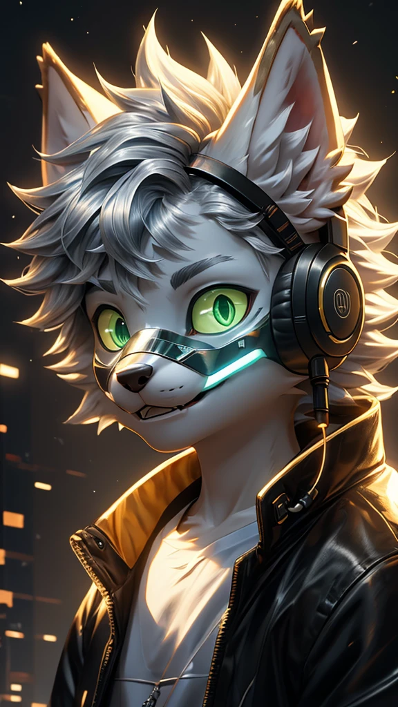 Young werewolf，Golden Fur，Wearing a black jacket with neon details，Wear an electronic mask，Wearing gaming headphones，avatar，Close-up of face，high quality，The art of math，High-definition 4K realism，((Clear structural details)))Show details，Exquisite eyes，(Blue-green pupils)((Silvery-white glowing eyes))Slim，Soft，4K，Excellent Quality，High Detail，Delicate fur，((Yellowtail in the right place))Light blue shirt。Pale ears，hair，whole body，permanent，small short mouth，personification，domineering