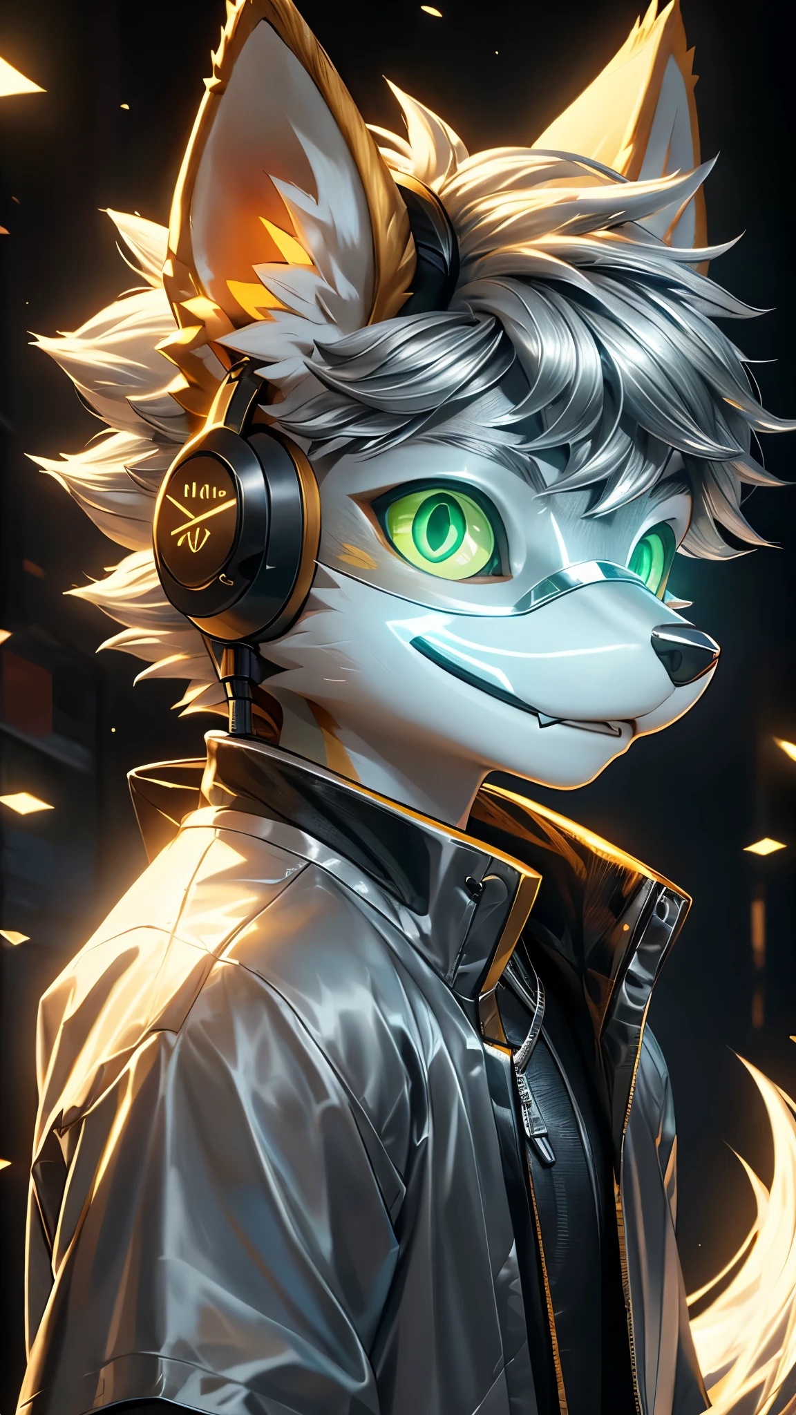 Young werewolf，Golden Fur，Wearing a black jacket with neon details，Wear an electronic mask，Wearing gaming headphones，avatar，Close-up of face，high quality，The art of math，High-definition 4K realism，((Clear structural details)))Show details，Exquisite eyes，(Blue-green pupils)((Silvery-white glowing eyes))Slim，Soft，4K，Excellent Quality，High Detail，Delicate fur，((Yellowtail in the right place))Light blue shirt。Pale ears，hair，whole body，permanent，small short mouth，personification，domineering