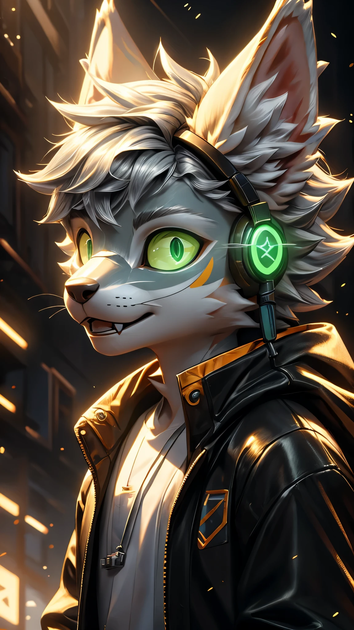 Young werewolf，Golden Fur，Wearing a black jacket with neon details，Wear an electronic mask，Wearing gaming headphones，avatar，Close-up of face，high quality，The art of math，High-definition 4K realism，((Clear structural details)))Show details，Exquisite eyes，(Blue-green pupils)((Silvery-white glowing eyes))Slim，Soft，4K，Excellent Quality，High Detail，Delicate fur，((Yellowtail in the right place))Light blue shirt。Pale ears，hair，whole body，permanent，small short mouth，personification，domineering