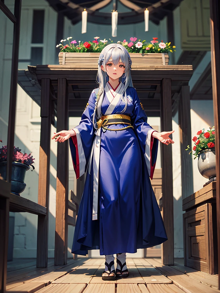 Magnificent View、Floating Island、Hanging Garden、Outdoor、anime、High definition、Holy Maiden、Shrine maiden、With many flowers blooming、Silver Hair（The top of the head is indigo blue、The ends of the hair are red.）、whole body、Jade Eyes、Dance dedicated to the gods、Votive dance