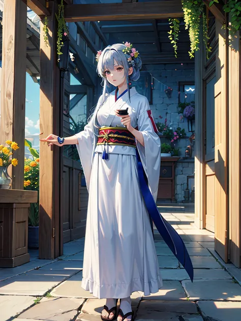 magnificent view、floating island、hanging garden、outdoor、anime、high definition、holy maiden、shrine maiden、with many flowers bloomi...