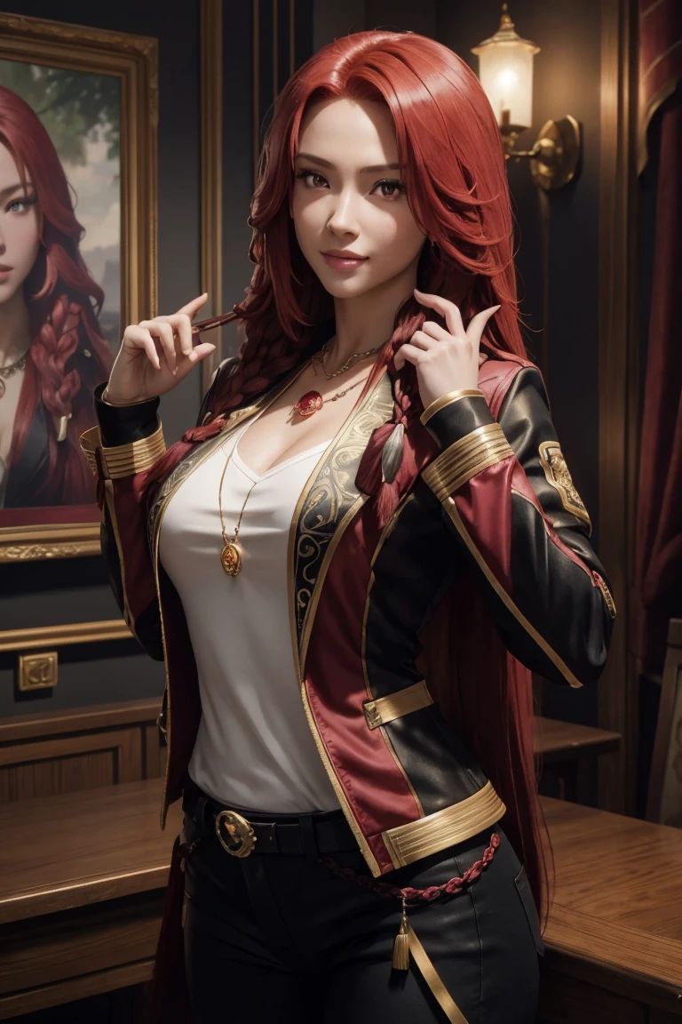 I want to be a powerful figure behind the scenes！,Iris Midgar,Red hair,long hair,Outside flip,with a single braid on one side only,Red eyes,Red Eyes,Beautiful white skin,Black and gold jacket,Black shirt,White long pants,Sapphire necklace,Photorealistic,Ultra HD,high quality,masterpiece,Digital SLR,Detailed details,Intricate details,Anatomical basis,Depicted in detail,A detailed face,Realistic skin texture,Vivid details,Perfect Anatomy,Perfect Anatomy,Anatomically correct hand,Anatomically correct fingers,Super Detail,Complex 3D rendering,The worldview of a fantasy with sexy poses,In the great outdoors,Petals of roses dance,Picturesque,Pink Lips,smile,