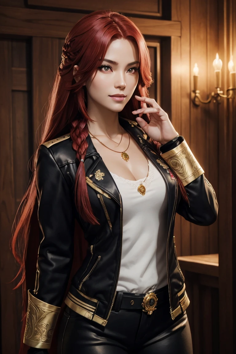 I want to be a powerful figure behind the scenes！,Iris Midgar,Red hair,long hair,Outside flip,with a single braid on one side only,Red eyes,Red Eyes,Beautiful white skin,Black and gold jacket,Black shirt,White long pants,Sapphire necklace,Photorealistic,Ultra HD,high quality,masterpiece,Digital SLR,Detailed details,Intricate details,Anatomical basis,Depicted in detail,A detailed face,Realistic skin texture,Vivid details,Perfect Anatomy,Perfect Anatomy,Anatomically correct hand,Anatomically correct fingers,Super Detail,Complex 3D rendering,The worldview of a fantasy with sexy poses,In the great outdoors,Petals of roses dance,Picturesque,Pink Lips,smile,