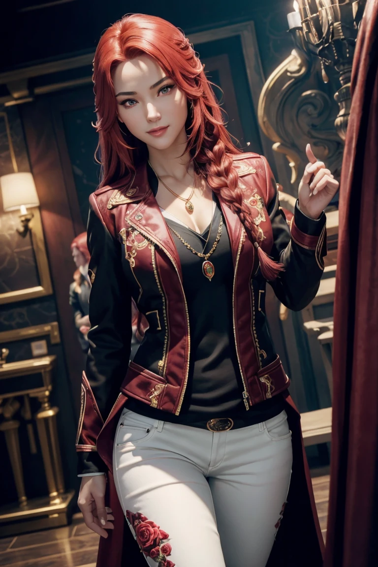 I want to be a powerful figure behind the scenes！,Iris Midgar,Red hair,long hair,Outside flip,with a single braid on one side only,Red eyes,Red Eyes,Beautiful white skin,Black and gold jacket,Black shirt,White long pants,Sapphire necklace,Photorealistic,Ultra HD,high quality,masterpiece,Digital SLR,Detailed details,Intricate details,Anatomical basis,Depicted in detail,A detailed face,Realistic skin texture,Vivid details,Perfect Anatomy,Perfect Anatomy,Anatomically correct hand,Anatomically correct fingers,Super Detail,Complex 3D rendering,The worldview of a fantasy with sexy poses,In the great outdoors,Petals of roses dance,Picturesque,Pink Lips,smile,