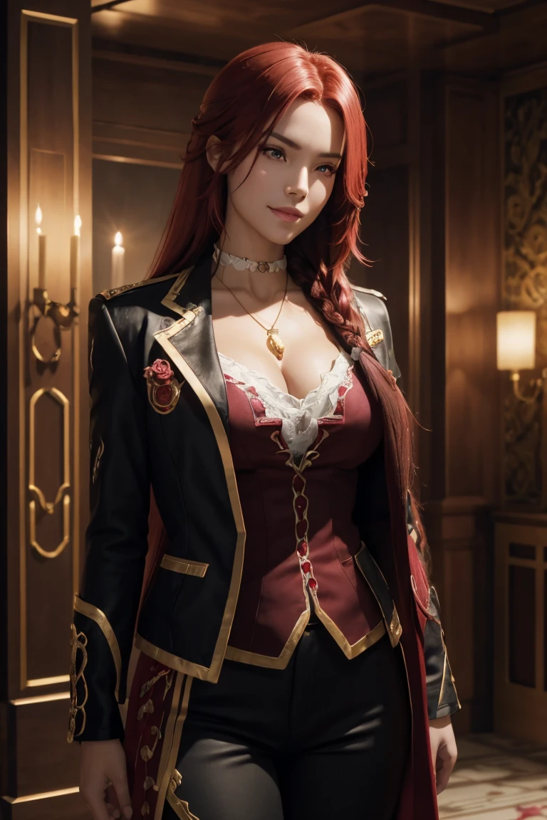 I want to be a powerful figure behind the scenes！,Iris Midgar,Red hair,long hair,Outside flip,with a single braid on one side only,Red eyes,Red Eyes,Beautiful white skin,Black and gold jacket,Black shirt,White long pants,Sapphire necklace,Photorealistic,Ultra HD,high quality,masterpiece,Digital SLR,Detailed details,Intricate details,Anatomical basis,Depicted in detail,A detailed face,Realistic skin texture,Vivid details,Perfect Anatomy,Perfect Anatomy,Anatomically correct hand,Anatomically correct fingers,Super Detail,Complex 3D rendering,The worldview of a fantasy with sexy poses,In the great outdoors,Petals of roses dance,Picturesque,Pink Lips,smile,