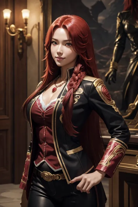 i want to be a powerful figure behind the scenes！,iris midgar,red hair,long hair,outside flip,with a single braid on one side on...