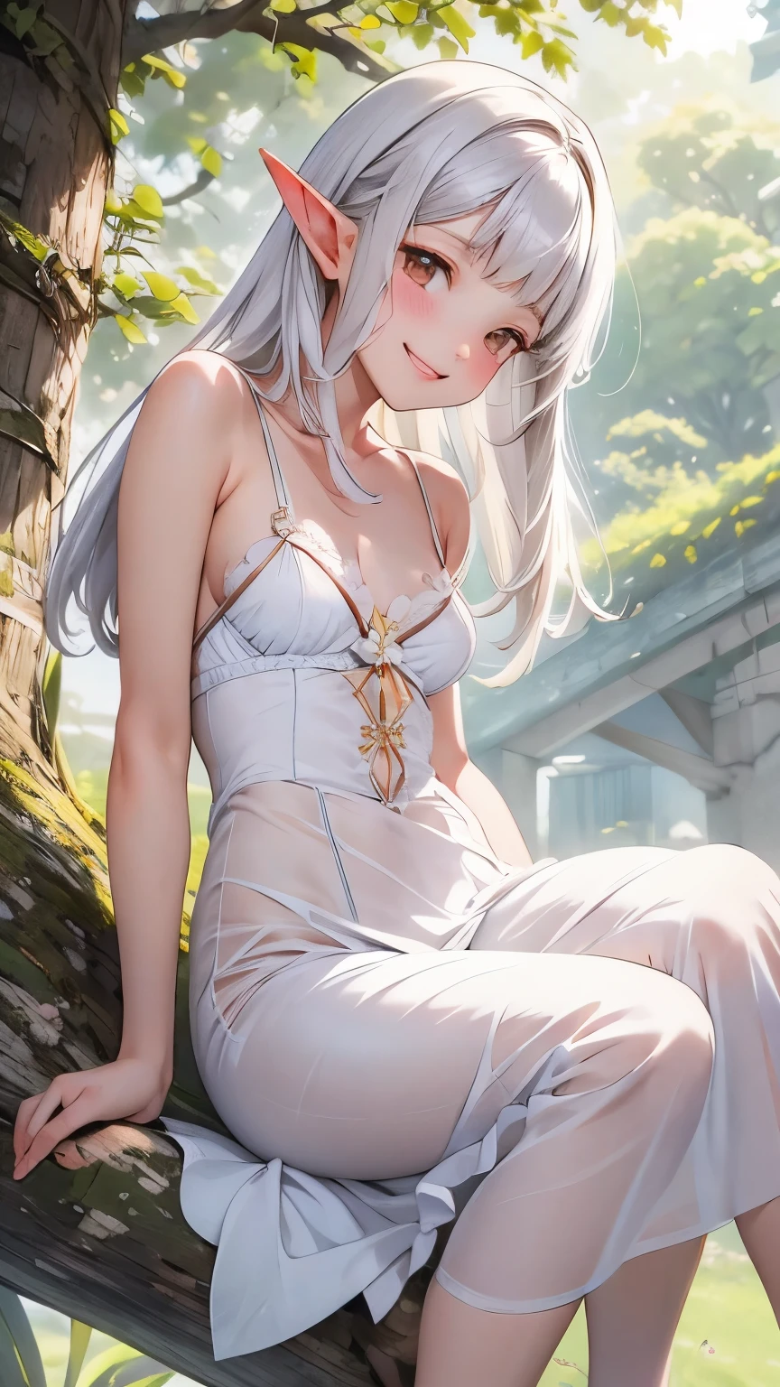 ((Cattleya、Three White Flowers、whole body、))、(Adult elf female sitting on a tree branch、Bobcut、Gray Hair、A kind smile、Blushing cheeks、Small breasts)、Soft Focus、Blur the background、(Highest quality、High resolution、masterpiece)、4K、Real、