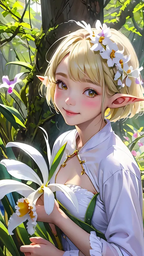 ((cattleya、three white flowers、whole body、))、(adult elf female sitting on a tree branch、bobcut、braiding、blonde、a kind smile、blus...