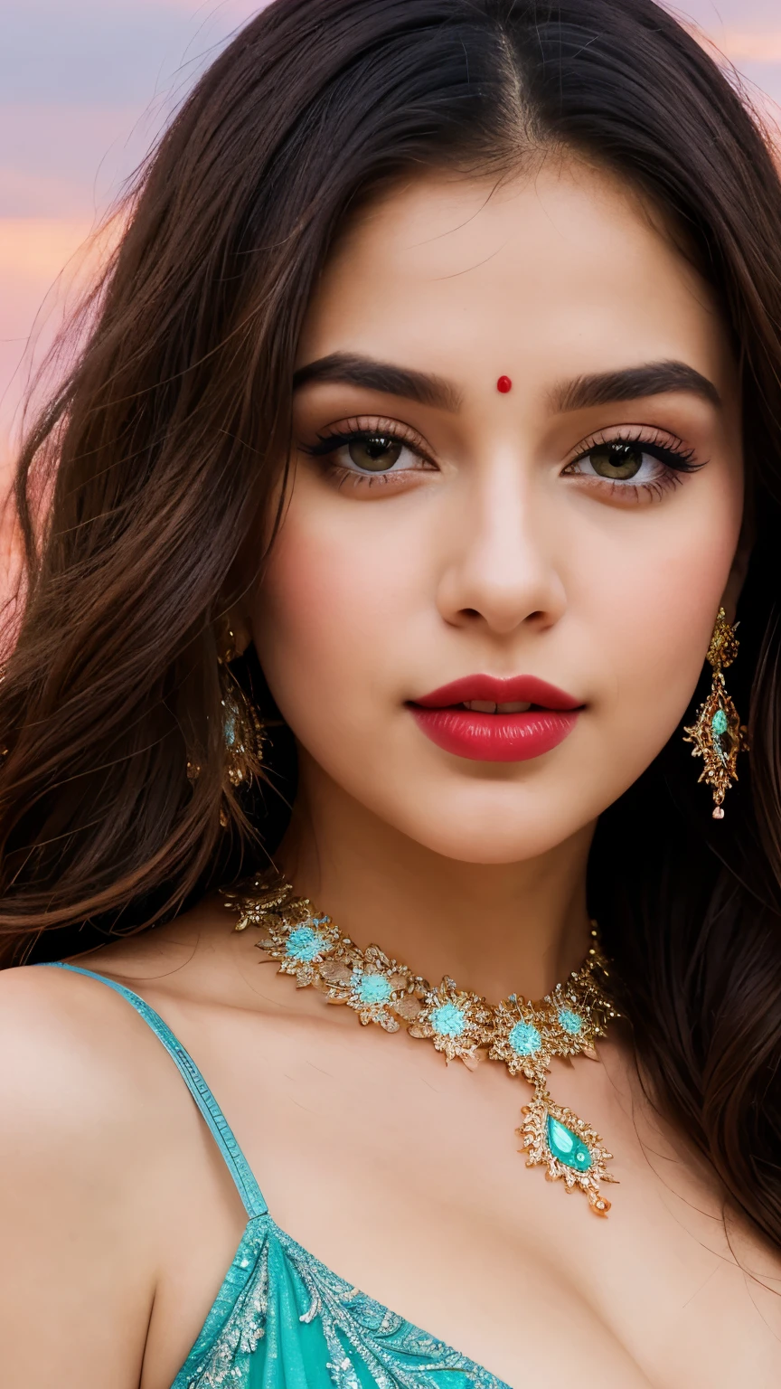 A woman in a green dress with a necklace and earrings SeaArt AI