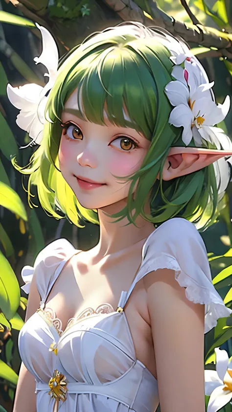 ((cattleya、three white flowers、upper body、))、(adult elf female leaning against a tree、bobcut、green hair、a kind smile、blushing ch...