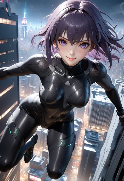 ultra-high-definition real 3d cg graphics of kusanagi motoko from the anime ghost in the shell、purple hair, beautifully detailed...