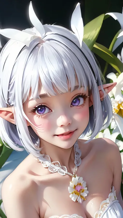 ((cattleya、three white flowers、close-up、upper body、))、(adult elf bride、bobcut、silver hair、a kind smile、blushing cheeks、small bre...