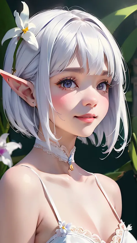 ((cattleya、three white flowers、close-up、upper body、))、(adult elf bride、bobcut、silver hair、a kind smile、blushing cheeks、small bre...