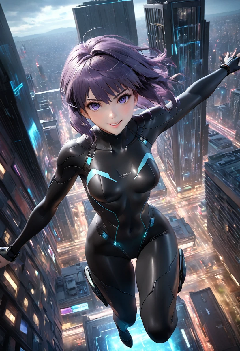 Ultra-high-definition Real 3D CG graphics of Kusanagi Motoko from the anime Ghost in the Shell、Purple hair, Beautifully detailed eyes and mouths, breathtakingly detailed realistic skin,Beautiful texture and shine of hair,tight black bodysuit,The realistic texture of the bodysuit and attention to detail,(she jumps off the roof of a building:1.2), (Futuristic night cityscape background) ,facing the building with a defiant smile on his face.The black cyber suit is about to be enveloped in a transparent optical camouflage,(Optical camouflage expressed through holographic effects).Jumping helplessly vertically from the roof of a building, looking at the camera, Breathtaking 3D CG graphics.(high quality, masterpiece, best quality, 4k.8k.:1.5). Ultra detail, super fine painting, movie scene-like picture, dramatic lighting, sharp focus, professional photo resolution, 3d rendering, award winning,Ghost in the Shell、