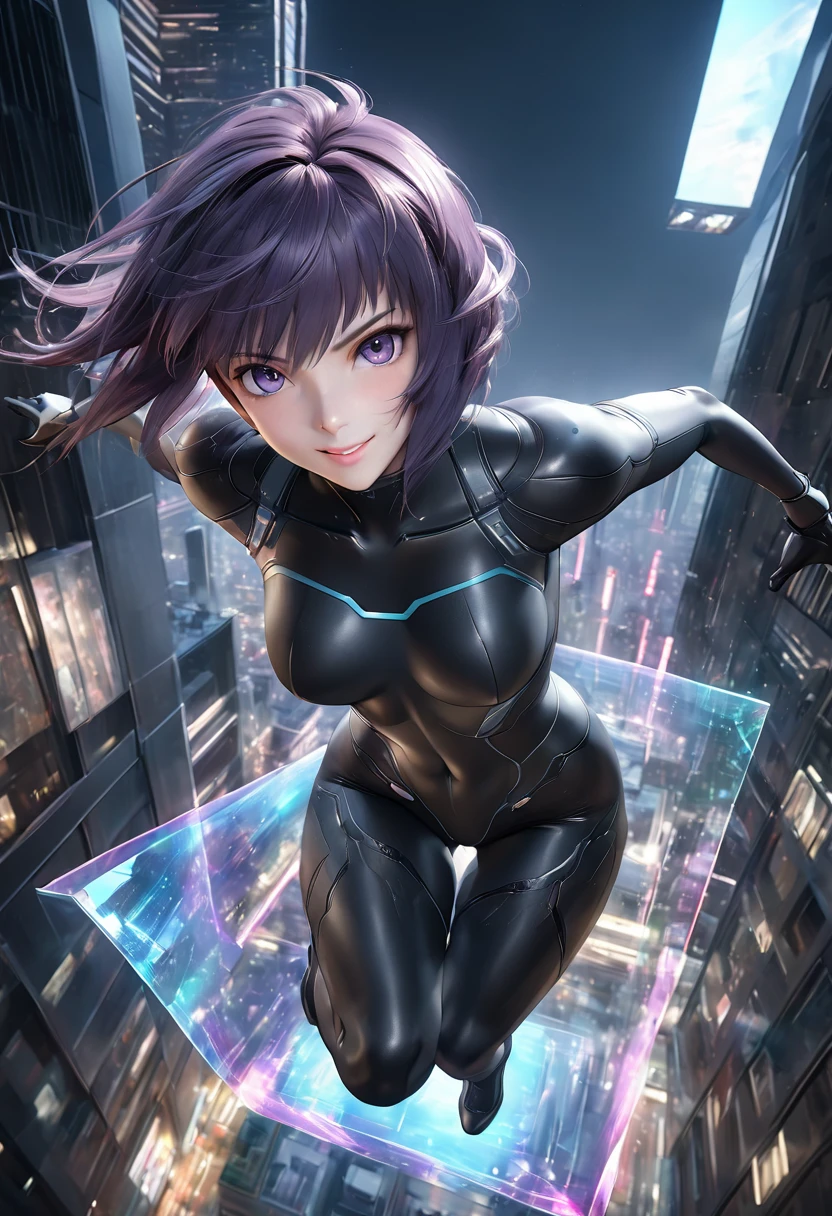 Ultra-high-definition Real 3D CG graphics of Kusanagi Motoko from the anime Ghost in the Shell、Purple hair, Beautifully detailed eyes and mouths, breathtakingly detailed realistic skin,Beautiful texture and shine of hair,tight black bodysuit,The realistic texture of the bodysuit and attention to detail,(she jumps off the roof of a building:1.2), (Futuristic night cityscape background) ,facing the building with a defiant smile on his face.The black cyber suit is about to be enveloped in a transparent optical camouflage,(Optical camouflage expressed through holographic effects:1.5).Jumping helplessly vertically from the roof of a building, looking at the camera, Breathtaking 3D CG graphics.(high quality, masterpiece, best quality, 4k.8k.:1.5). Ultra detail, super fine painting, movie scene-like picture, dramatic lighting, sharp focus, professional photo resolution, 3d rendering, award winning,Ghost in the Shell、