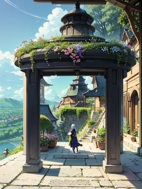 magnificent view、floating island、hanging garden、outdoor、anime、high definition、holy maiden、shrine maiden、with many flowers bloomi...