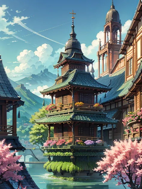 magnificent view、floating island、hanging garden、outdoor、anime、high definition、holy maiden、shrine maiden、with many flowers bloomi...