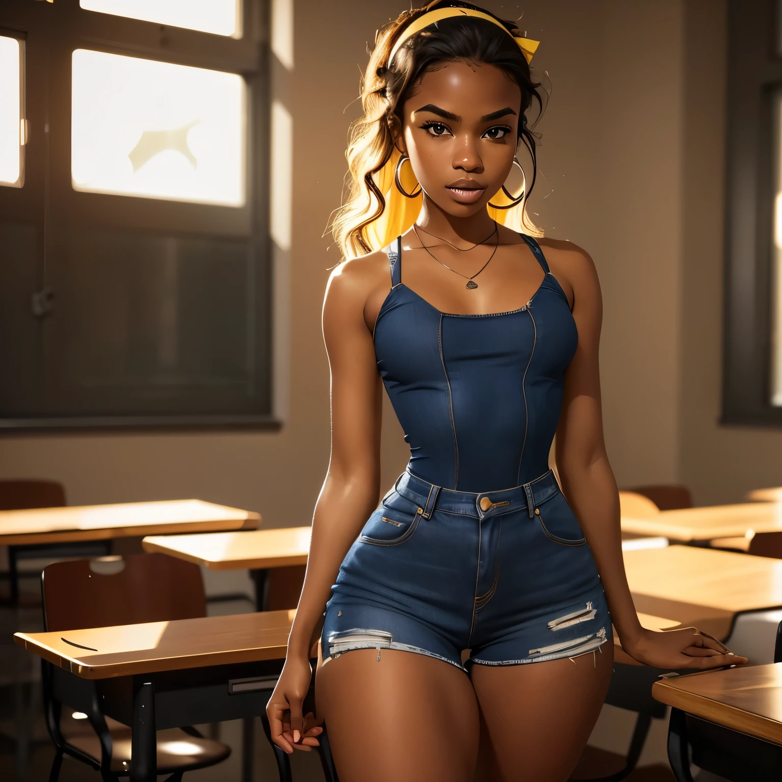 Masterpiece, high quality, high resolution, 18 years old, volumetric lighting, baby face, subsurface scattering, 8k, Beautiful woman, (dark skin), phillipino, college student, uniform, (yellow dress, jeans), wavy hair, headband, hoope earings, classroom, sexy pose, seductive pose, ((slim thick body:1.0)), thick thighs, round-butt, open mouth, big lips, screaming, orgasm, night time, eyes closed, Masterpiece, Professional lighting, 16k, 8k wallpaper, raw photo, photo-realistic:1.8, ultra detailed, natural lighting