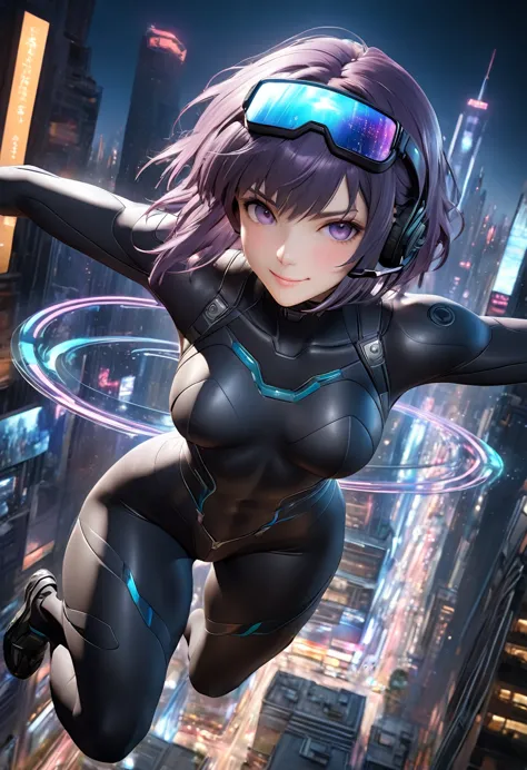 ultra-high-definition real 3d cg graphics of kusanagi motoko from the anime ghost in the shell、purple hair, he was wearing a bla...