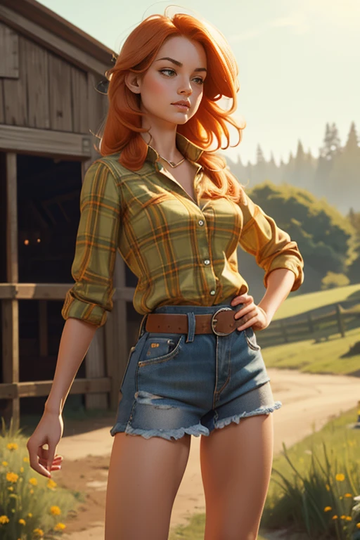 1 girl, Best Quality, masterpiece, cowboy shot, Orange hair, green eyes, tight clothes, barn, Wet, Green plaid shirt, labor, sexy, short denim skirt, half , cow print clothing:1.5, seductive, provocing, masterpiece, (dynamic angle:1.2), (dynamic posture:1.2), Plan general, light, (Best Quality), (Erotic), (ultra detailed), (16k, 8k, complex),(Full body photo: 1), (Focus on the hips:1.2)