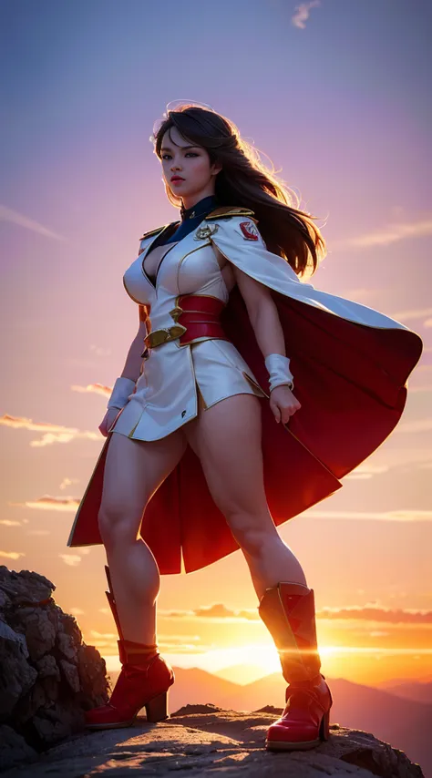 overtake人 (miss, overtake人 costume in white with red and gold details) from dc comics, full body picture, reality, high detail, ...