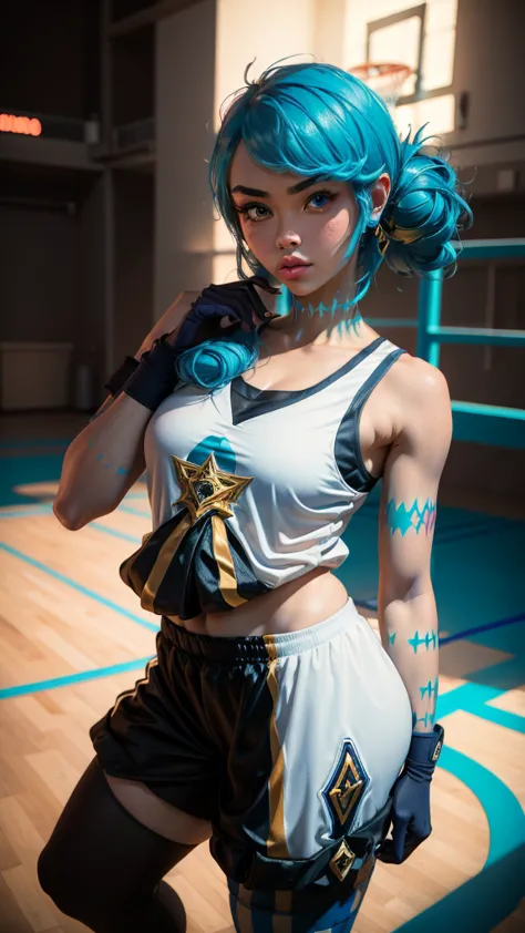 league of legends gwen, sexy basketball player, athletic outfit, form-fitting jersey, short basketball shorts, gwen's outfit, gw...