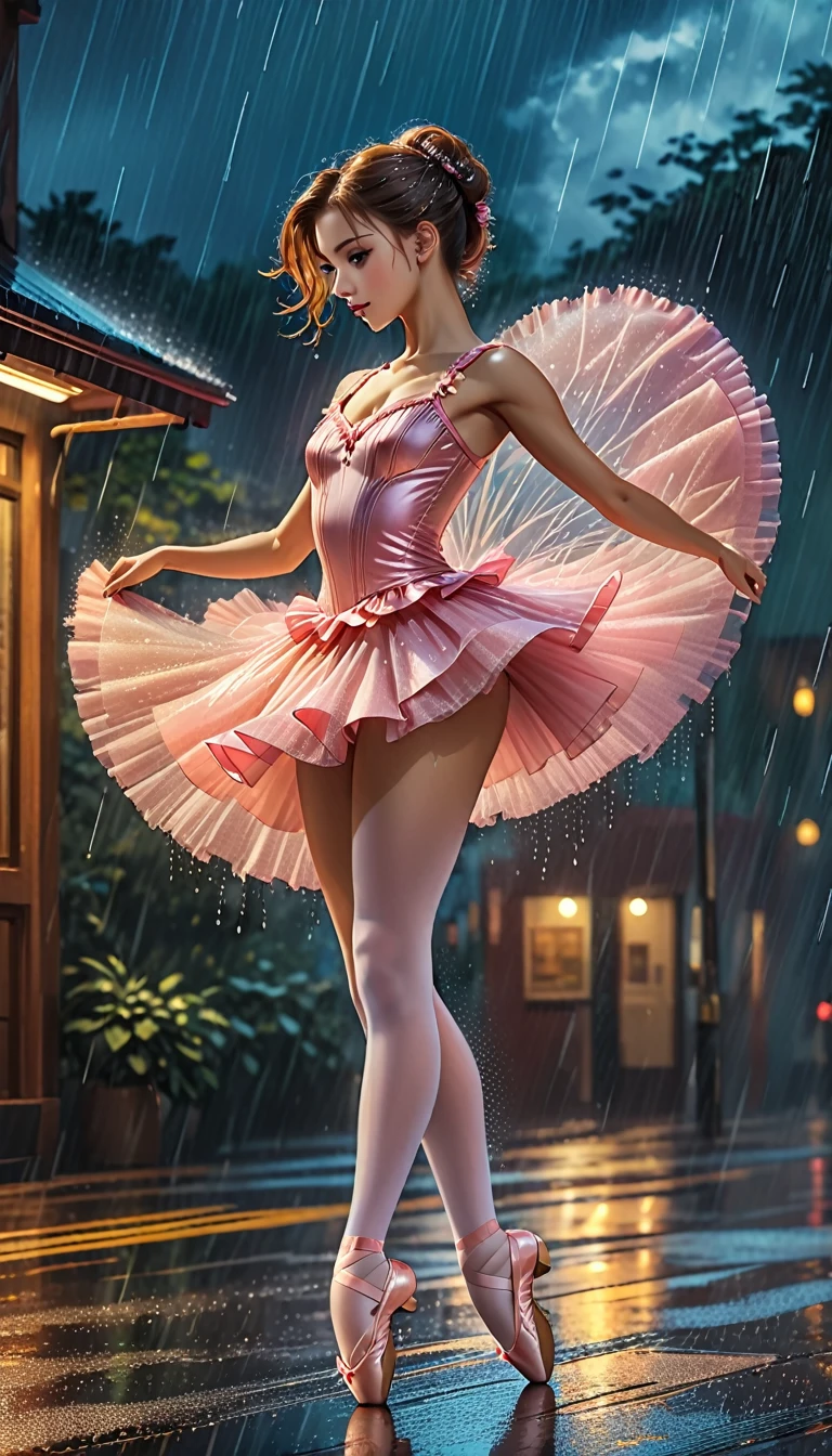 a portrait of female classical ballet prima ballerina dancing in the rain, a full body picture ((anatomically correct: 1.5)) of a exquisite beautiful female dancer wearing silk diamond tutu, intricate tutu dynamic hair color, dynamic hair style, dynamic skin complexion, wearing ballet shoes, wearing thigh highs, ((she is standing in the middle of the rain storm: 1.5)),  she is wet, yet enjoys the dance in the rain, cloudy night, lightning storm, dynamic background, vibrant, Ultra-high resolution, High Contrast, (masterpiece:1.5), highest quality, Best aesthetics), best details, best quality, highres, 16k, (ultra detailed: 1.5), masterpiece, best quality, (extremely detailed) RAW, (ultra details, Masterpiece, best quality), Cinematic Hollywood Film, artxldnc, tutu, look at the viewer,front view