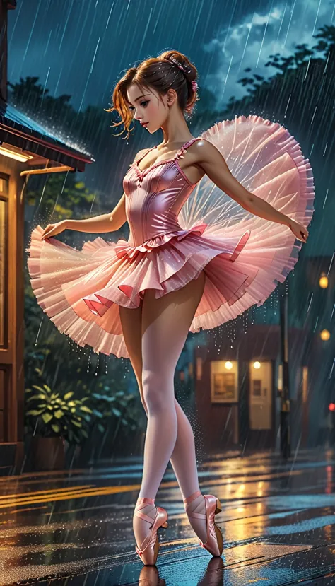 a portrait of female classical ballet prima ballerina dancing in the rain, a full body picture ((anatomically correct: 1.5)) of ...