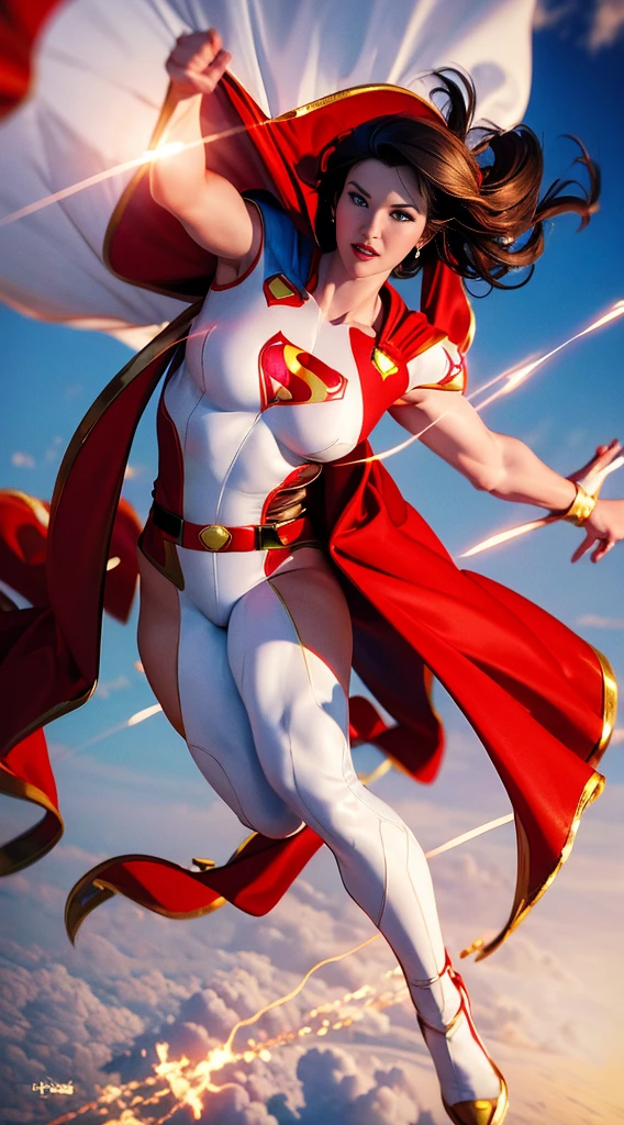 Superman (Miss, Superman costume in white with red and gold details) From DC Comics, Full body picture, Reality, High Detail, Practical, masterpiece, absurd, best quality, HDR, high quality, 8k wallpaper, Intricate details，Hyper Girl
