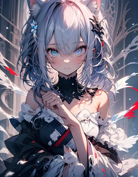 [[[ very detailed, highest quality, soft skin, beautiful, 4k]]] gray hair, ((white cat ears)), ((perfect demon red and black eye...