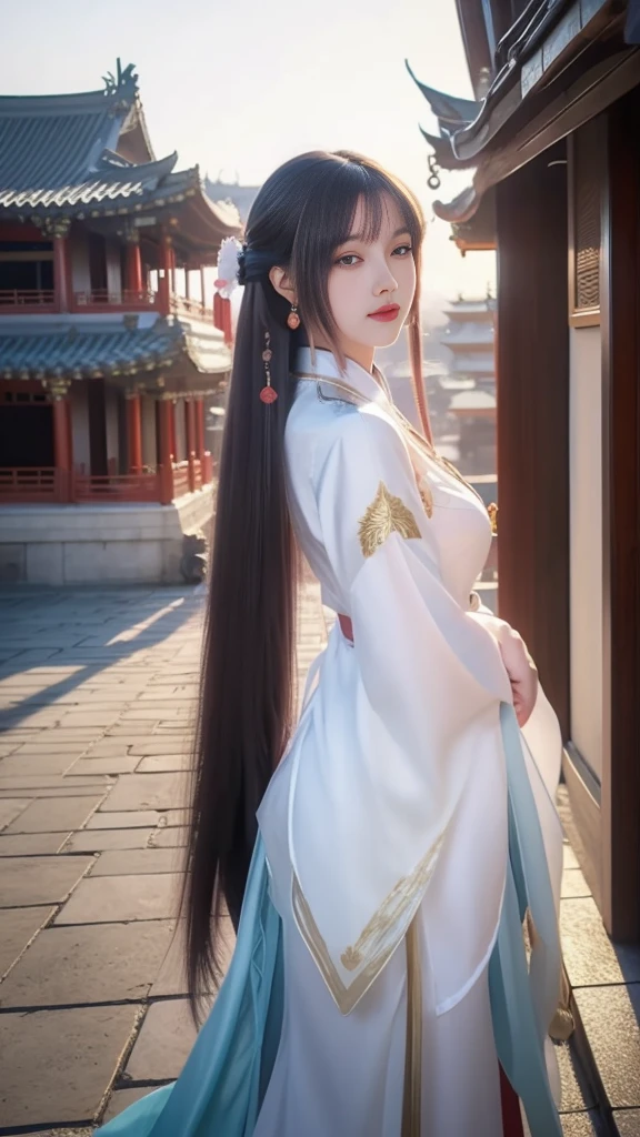 a woman in a white top and red earrings standing in front of a building, palace ， a girl in hanfu, beautiful character painting, artwork in the style of guweiz, chinese girl, guweiz, beautiful anime portrait, beautiful anime girl, chinese style, anime girl with long hair, beautiful anime woman, beautiful alluring anime woman, attractive anime girl