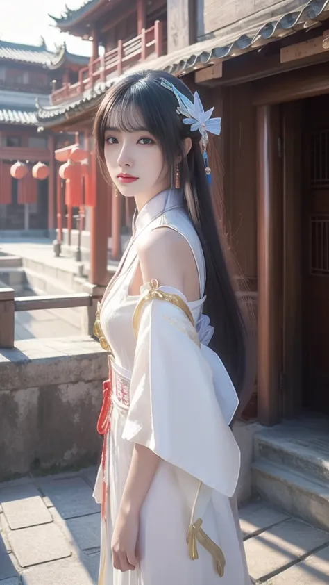 a woman in a white top and red earrings standing in front of a building, palace ， a girl in hanfu, beautiful character painting,...