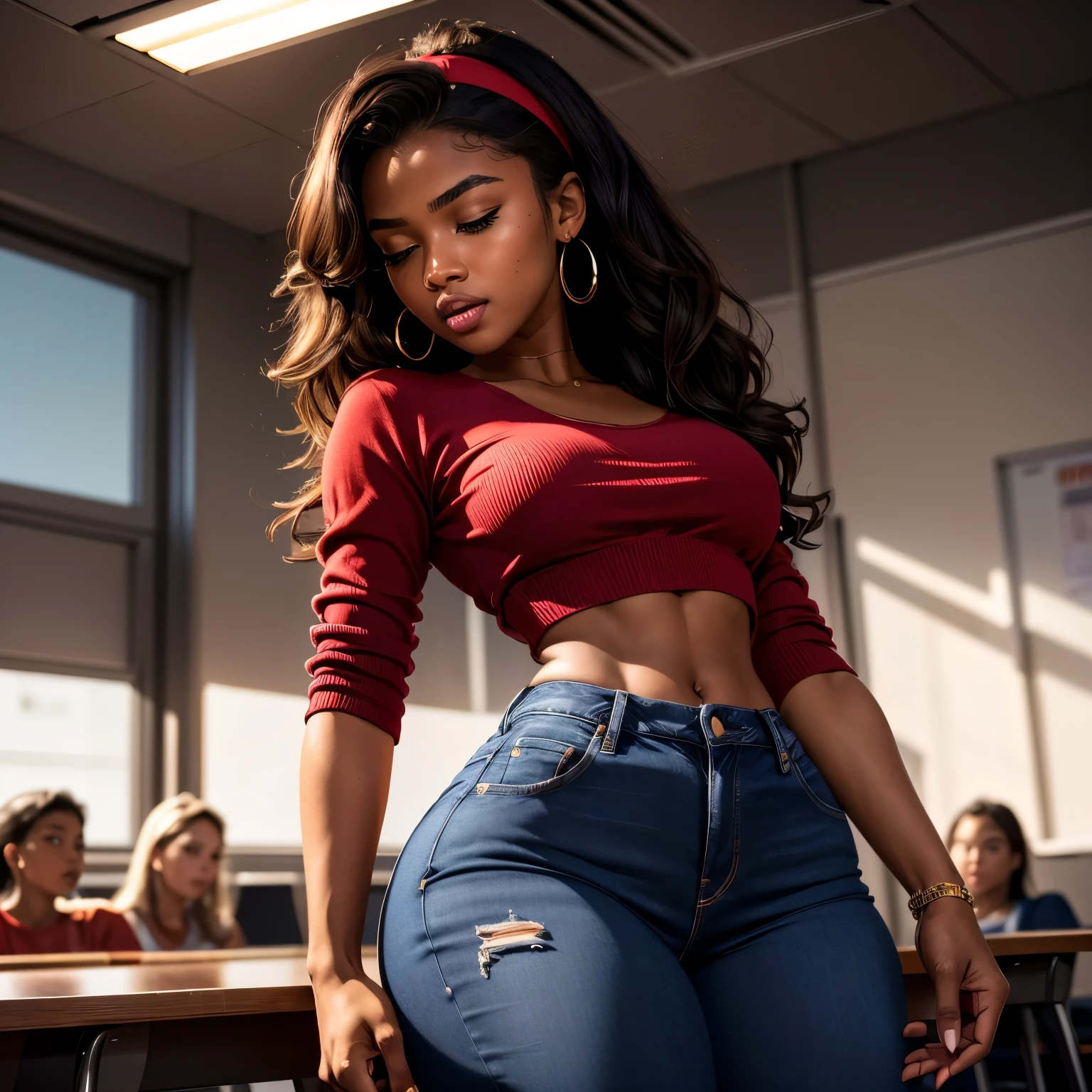 Masterpiece, high quality, high resolution, 18 years old, volumetric lighting, subsurface scattering, 8k, Beautiful woman, (dark skin), phillipino, college student, uniform, (red dress, jeans), wavy hair, headband, hoope earings, classroom, sexy pose, seductive pose, ((slim thick body:1.0)), thick thighs, round-butt, open mouth, big lips, screaming, orgasm, night time, eyes closed, Masterpiece, Professional lighting, 16k, 8k wallpaper, raw photo, photo-realistic:1.8, ultra detailed, natural lighting