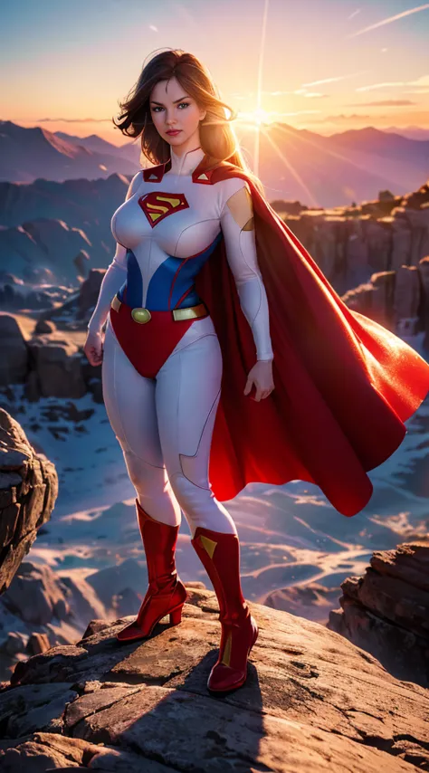 superwoman (miss, superman costume in white with red and gold details) from dc comics, full body picture, reality, high detail, ...