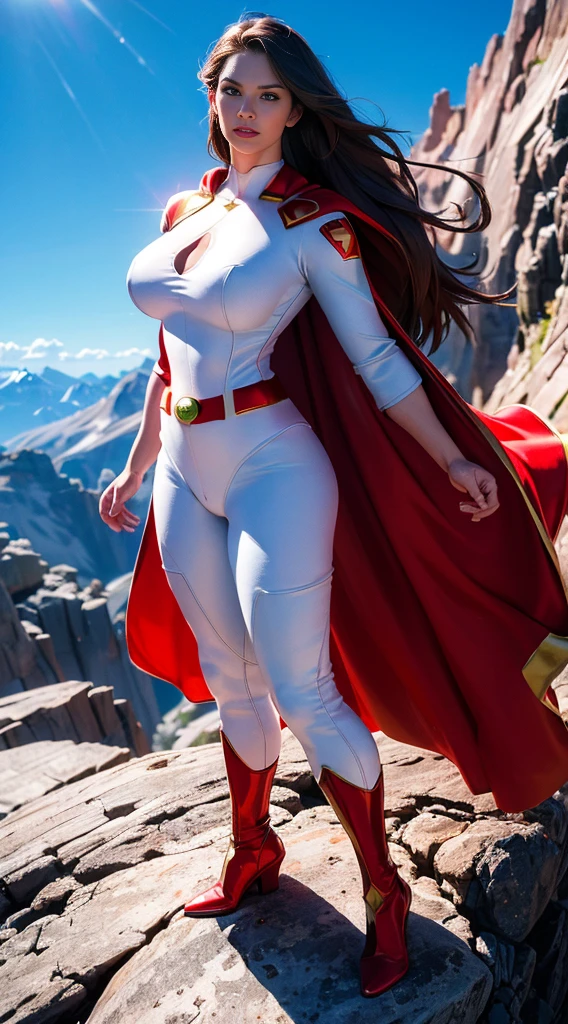 Superwoman (Miss, Superman costume in white with red and gold details) From DC Comics, Full body picture, Reality, High Detail, Practical, masterpiece, absurd, best quality, HDR, high quality, high resolution, Extremely detailed, 8k wallpaper, Intricate details, 8K Ultra HD, Full HD, (Realistic photos:1.2), Compared, Sharp lighting, Movie Lighting, Natural Lighting, hard light, Backlight, Global Illumination, Environmental occlusion,  ((Standing on top of a high rocky mountain, Blue sky,)) , Hyper Girl
