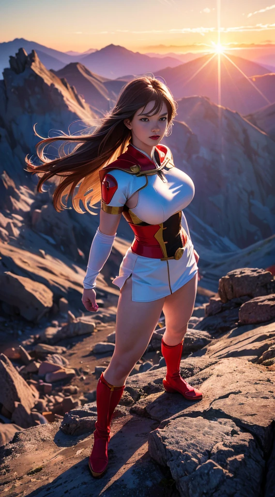 overtake人 (Miss, overtake人 costume in white with red and gold details) From DC Comics, Focused CGI, Reality, High Detail, Practical, masterpiece, absurd, best quality, HDR, high quality, high resolution, Extremely detailed, 8k wallpaper, Intricate details, 8K overtake高清, Full HD, (Realistic photos:1.2), Compared, Sharp lighting, Movie Lighting, Natural Lighting, hard light, Backlight, Global Illumination, Environmental occlusion,  ((Standing on top of a high rocky mountain, Sunset, Blue sky,)) , overtake_girl
