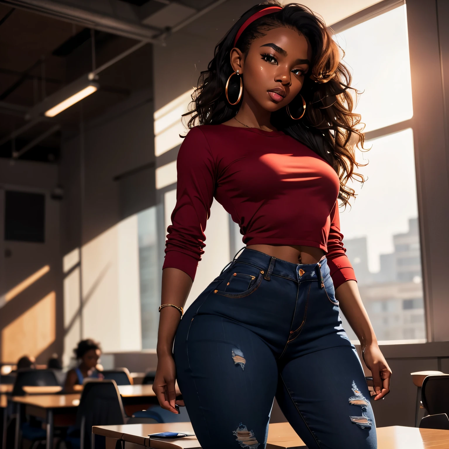 Masterpiece, high quality, high resolution, 18 years old, volumetric lighting, subsurface scattering, 8k, Beautiful woman, (dark skin), phillipino, college student, uniform, (red dress, jeans), wavy hair, headband, hoope earings, classroom, sexy pose, seductive pose, ((slim thick body:1.0)), thick thighs, round-butt, open mouth, big lips, screaming, orgasm, night time, eyes closed, Masterpiece, Professional lighting, 16k, 8k wallpaper, raw photo, photo-realistic:1.8, ultra detailed, natural lighting