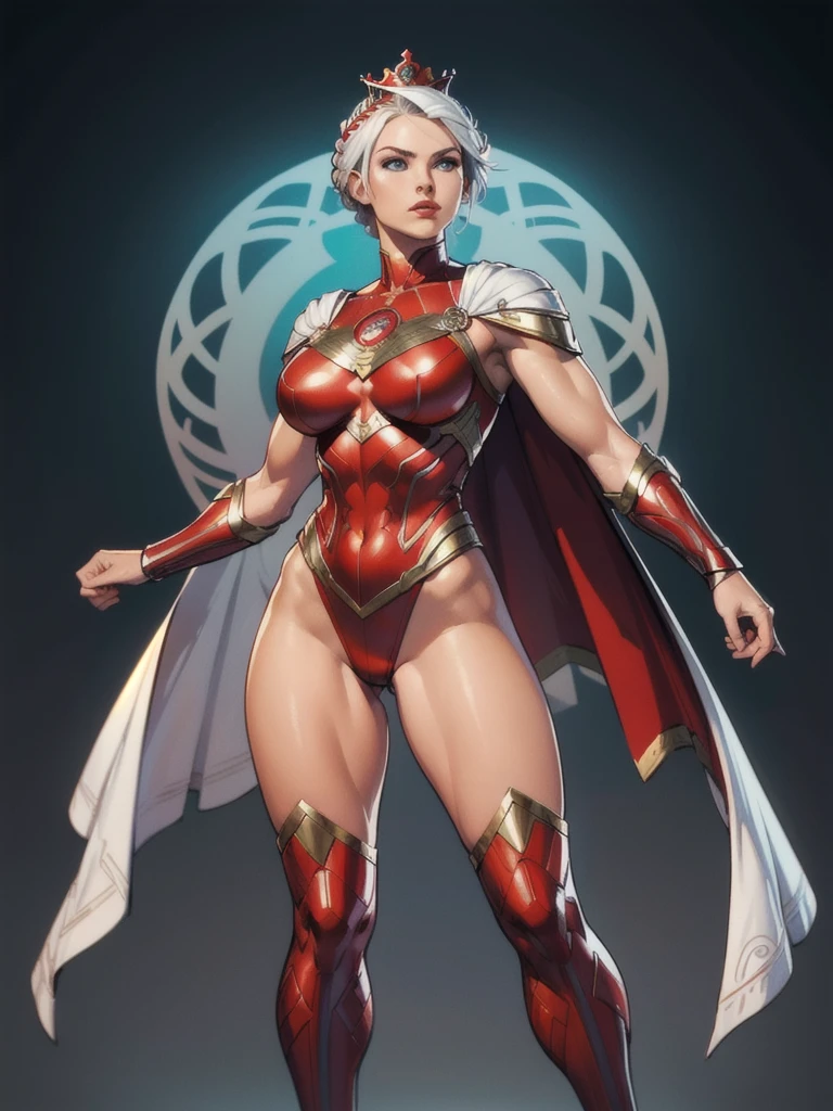 ((best quality)), ((4K)), ((high resolution)), ((masterpiece:1.2)). ((detailed)), ((Surreal)), ((Intricate details)), ((whole body picture)), ((Character Design Sheet)), ((Blank Background)), a whole body picture of a beautifull scandinavian female, Scandinavian woman, Scandinavian model, Viking female warriors, High target woman, Perfect face, Beautiful face, detailed eyes, detailed lips, ((Sexy red lips)), ((Bright blue eyes)), About 35 years old, Approximately 6 feet 5 inches. High target, Short white hair, crown braid Short white hair, ((emphasis on her crown braid Short white hair)), Perfect body, Hourglass figure, Wear a superhero costume ((Emphasizing Her Superhero Costume)), Red and Metallic Silver Outfits, ((emphasis on Red and Metallic Silver Outfits)), Multi-colored clothing, ((emphasis on Multi-colored clothing)), Long superhero cape, Warrior characters, Female Warrior Goddess Character, Superhero characters, Superhero concept art, Superhero characters concept art, whole body, whole body concept art, whole body art
