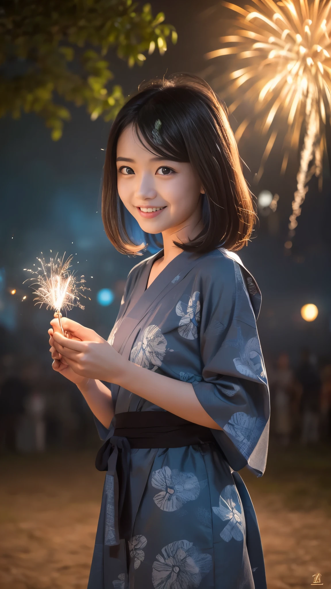 (nsfw), (masterpiece, Highest quality, 8K ultra-high resolution:1.6), Dynamic pose, Not wearing underwear, 14yo, kawaii, Pokemon Riko, (A colorful navy blue yukata: 1.4), Depiction of nipples, (Summer festival, Food stalls are lined up), ((turn around)), Beautiful Eyes,Flash photography, Backlight,  ((Close-up of face:1.4)), (The best smile:1.4), ((((Sweat)))), (Show your palm to the camera), (Beckon), Written boundary depth, Dramatic portrayal, (Colorful fireworks background), Focus of the film, , Emotional composition, Emotional engine full throttle BREAK Young and cute, Slender body, Flat Chest, Highly detailed glossy skin,Sweat,  完璧なPokemon Riko
, Wind, detailed in the Wind, petals dancing in the Wind
BREAK
ultra detailed crystal eyes, Eyes like shining jewels