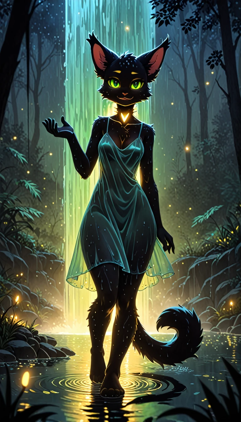 young female Tabaxi, shadow creature, ears, cheeks, (black tuft on neck, Black body), curvy figure, fur, chest, green eyes, fluffy long tail, wet dress, wet clothes, transparency, full-length portrait, looking at the viewer, break, Mike Winkelmann (beep), from Ozark, detailed background, Detailed foreground, depth of field, surrounding silhouette, backlight,
waterfall, night forest, luminous plant, luminous river, ((water vapor, foggy)), surrounding firefly, yellow light