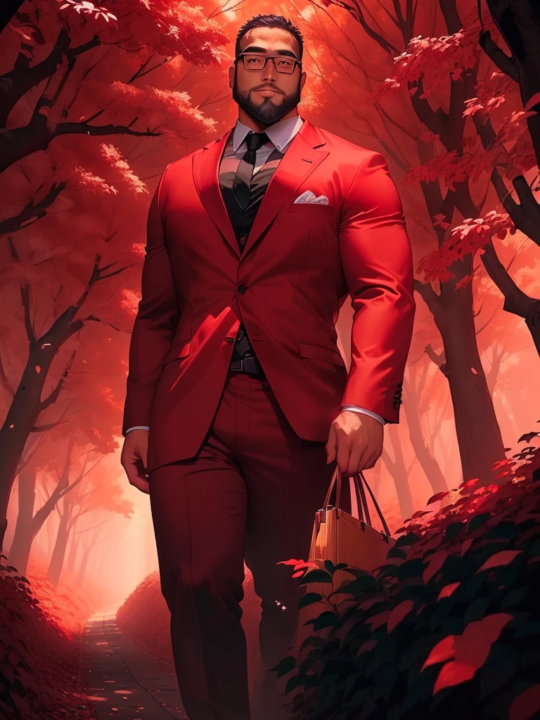 solo, crew cut, (((full body))), mature man, [slightly fat], asian man, brown eyes, rounded face, glasses, slightly balding, (((stubbles, Short beard))), (((full beard))), (Beautiful eyes:1.3), (Detailed face:1.3), man in a red suit is walking through a forest, he spray red wine from his glass to the ground, eerie forest with skeletons on the ground, key visual, crimson darkness,