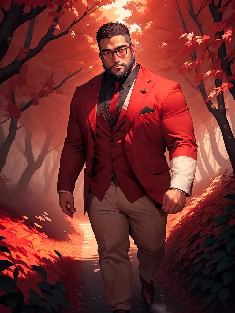 solo, crew cut, (((full body))), mature man, [slightly fat], asian man, brown eyes, rounded face, glasses, slightly balding, (((stubbles, Short beard))), (((full beard))), (Beautiful eyes:1.3), (Detailed face:1.3), man in a red suit is walking through a forest, he spray red wine from his glass to the ground, eerie forest with skeletons on the ground, key visual, crimson darkness,