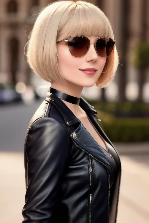 4K, Masterpiece, highres, absurdres,natural volumetric lighting and best shadows, deep depth of field, sharp focus, smiling,soft delicate beautiful attractive face,
blonde Nadia with sunglasses and a choker, leather jacket, miniskirt,
with an edgBobCut hair posing for a picture in a dress, blunt bangs,short hair,
cowboy shot,