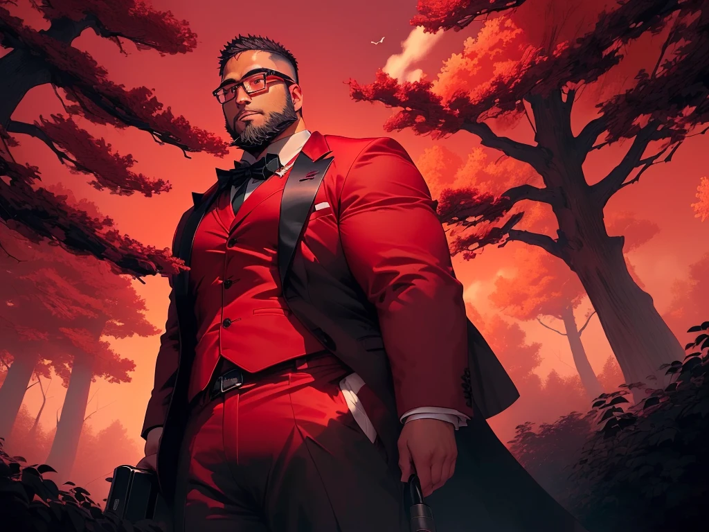 solo, crew cut, (((full body))), mature man, [slightly fat], asian man, brown eyes, rounded face, glasses, slightly balding, (((stubbles, Short beard))), (((full beard))), (Beautiful eyes:1.3), (Detailed face:1.3), man in a red suit is walking through a forest, he spray red wine from his glass to the ground, eerie forest with skeletons on the ground, key visual, crimson darkness, photo realistic, dead trees, crimson cloud, eerie sky, crows flying