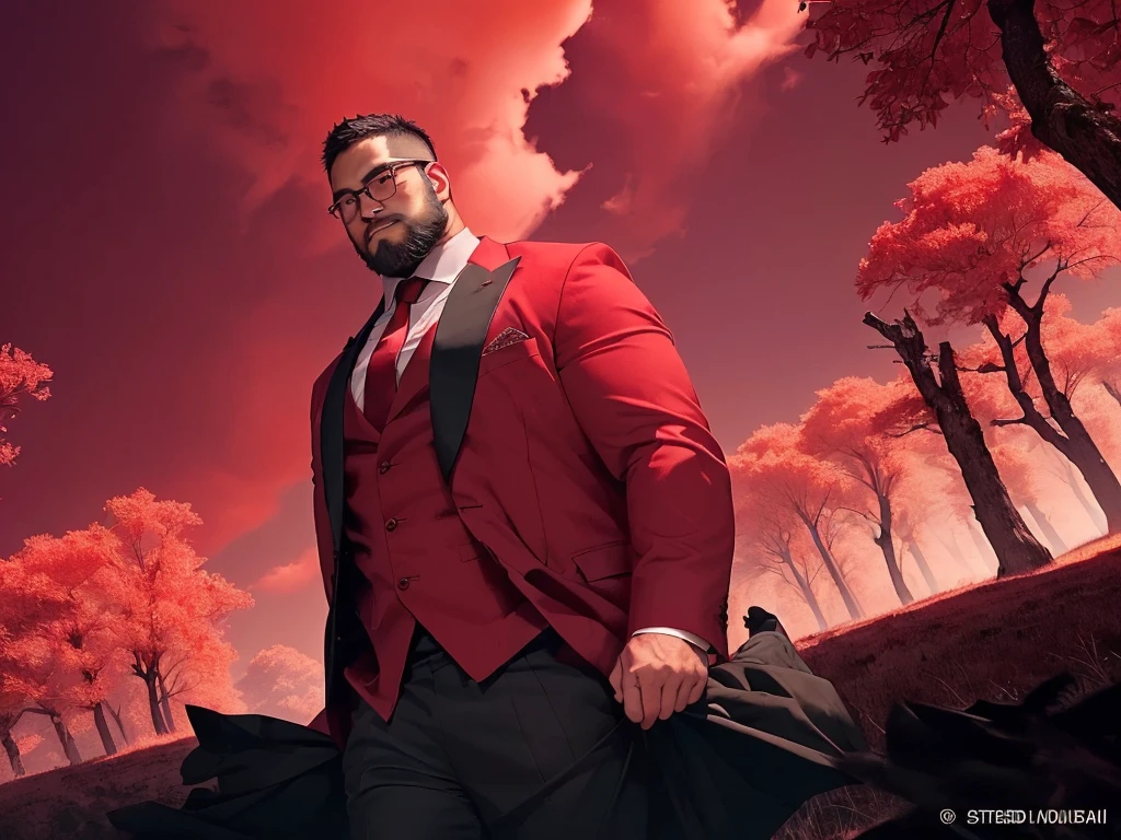 solo, crew cut, (((full body))), mature man, [slightly fat], asian man, brown eyes, rounded face, glasses, slightly balding, (((stubbles, Short beard))), (((full beard))), (Beautiful eyes:1.3), (Detailed face:1.3), man in a red suit is walking through a forest, he spray red wine from his glass to the ground, eerie forest with skeletons on the ground, key visual, crimson darkness, photo realistic, dead trees, crimson cloud, eerie sky, crows flying