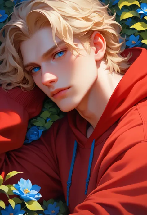 man, wavy blonde hair, blue eyes, had white skin, wear a red hoodie, russian, muscular, laying in the blue hydrangea flower bush...