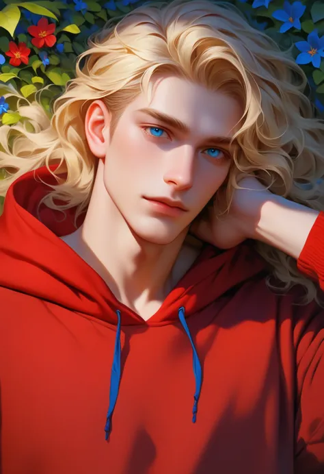 man, wavy blonde hair, blue eyes, had white skin, wear a red hoodie, russian, muscular, laying in the blue hydrangea flower bush...