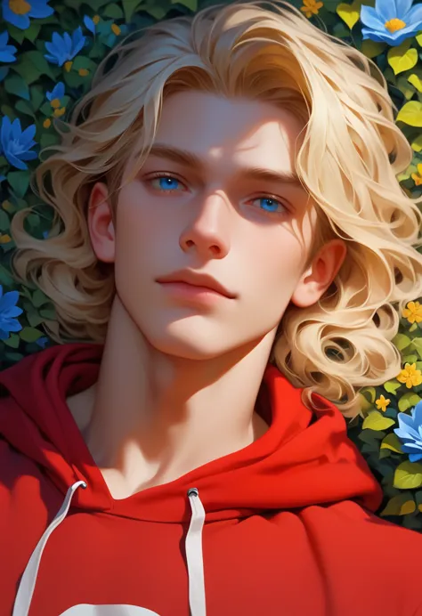 man, wavy blonde hair, blue eyes, had white skin, wear a red hoodie, russian, muscular, laying in the blue hydrangea flower bush...