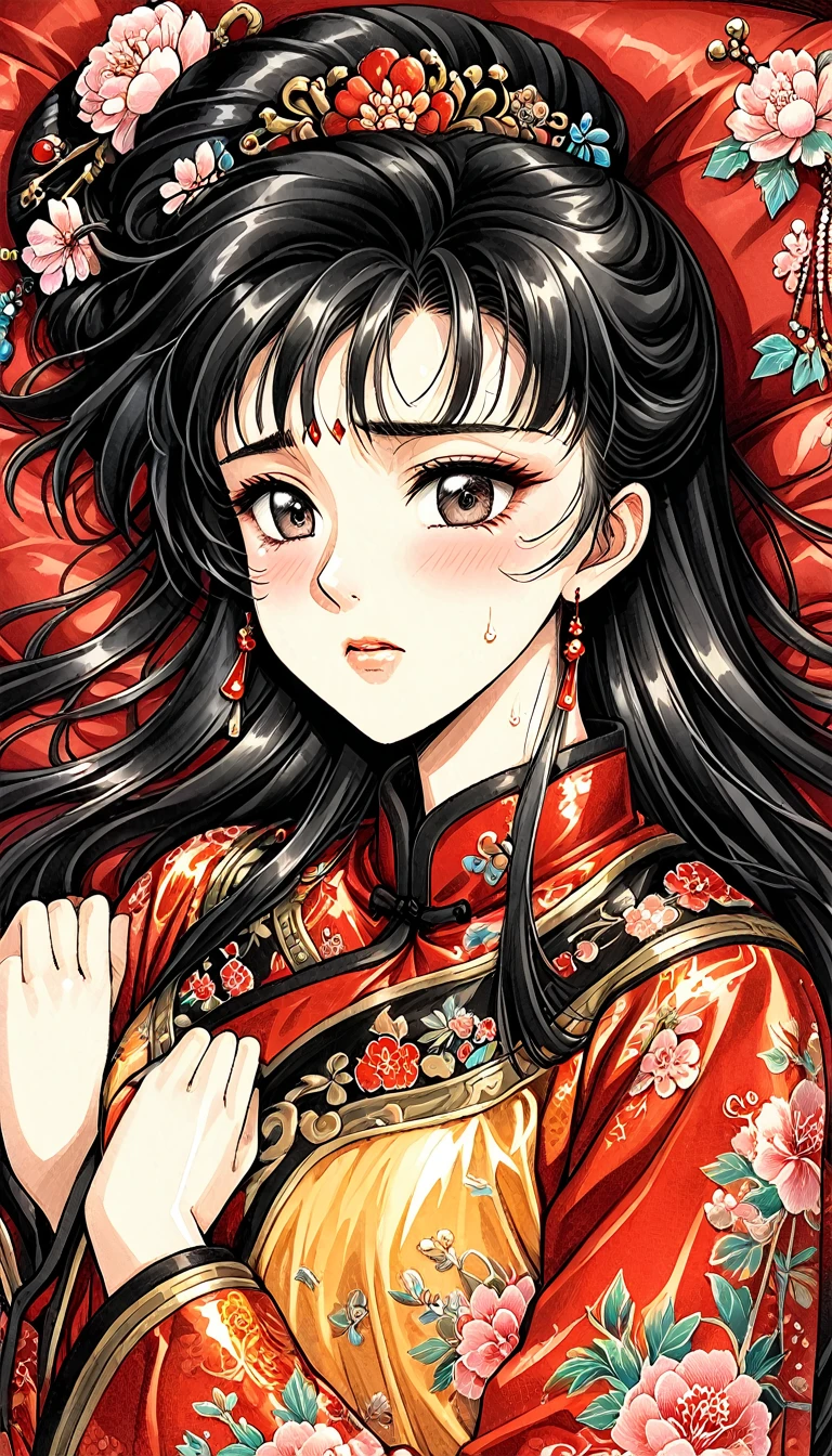 Beautiful 15 year old Chinese Kung Fu princess with long black hair　Gorgeous embroidery, Ultra glossy, She is wearing shiny red long sleeve floral pajamas....　After being subjected to intense sexual acts for the sake of procreation, she is laid down on a red futon and sleeps, exhausted.　She had semen overflowing from her pussy.