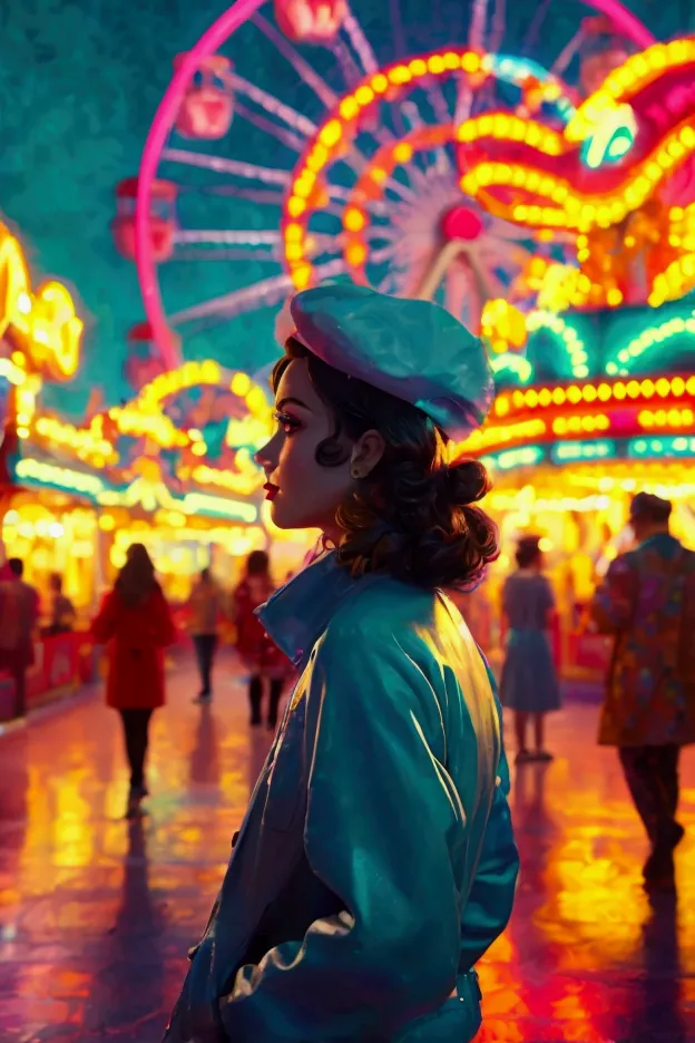 portrait in a 1950s amusement park: a person in modern attire, in an amusement park decorated with rides and stalls from the 195...